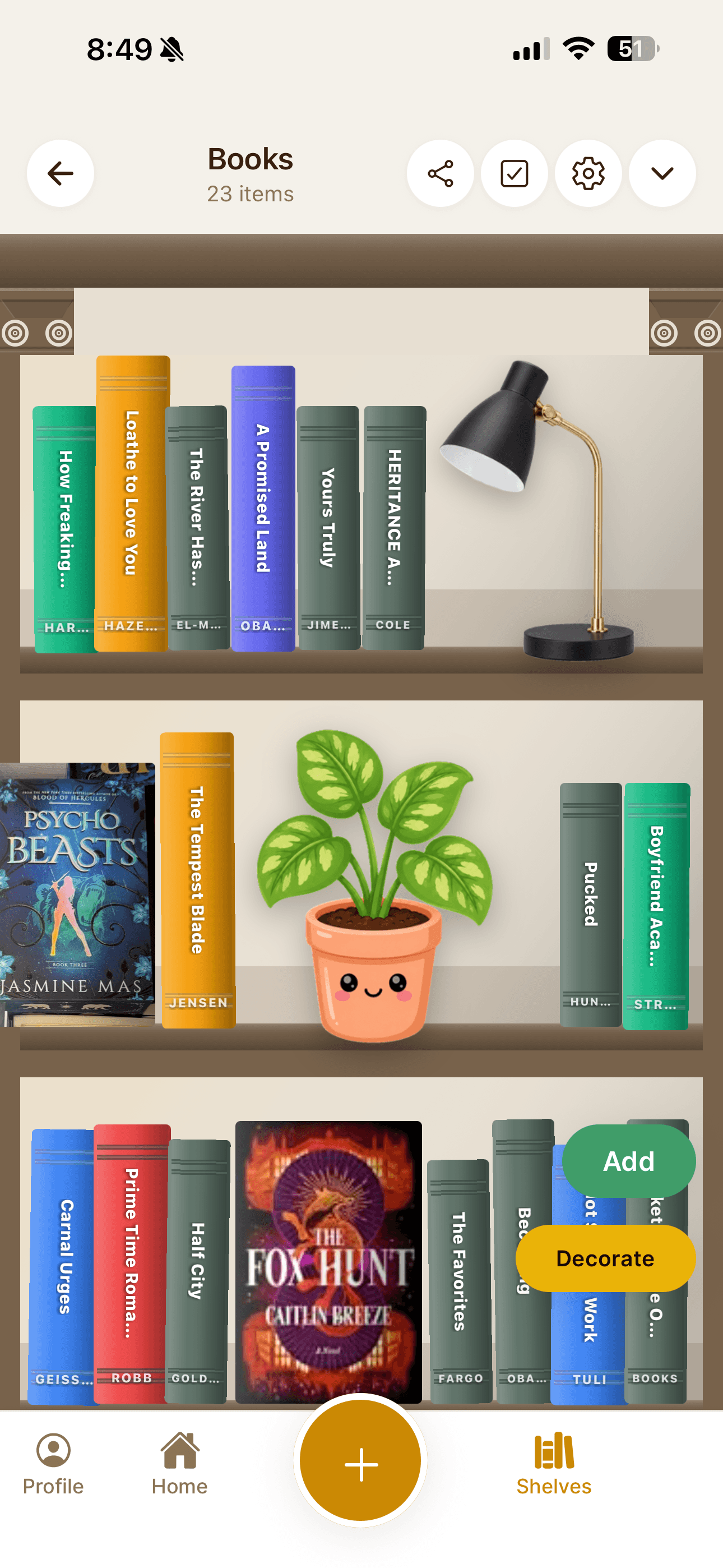 A customized ShelvesAI bookshelf with reordered spines, face-out covers from the collector's own photos, and a lamp and smiling potted plant placed between the books